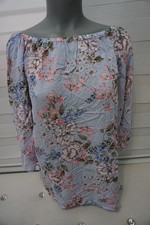 Damen Schlupf Bluse Tunika Carmen Gr. 40-42-44, Blau ,Blumen Muster