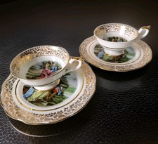 Kaiserliche Tassen & Teller für Kuchen Porzellan gold vergoldet viktorianische Szenen Vintage 