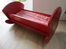 Holz Puppenwiege L. 45 cm Wiege bemalt Handarbeit Vintage rot mit Deckchen