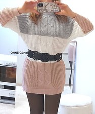 Long Pullover Strickkleid Italy Minikleid Pullover warm Grau/Weiß/Rosa 36 38 40