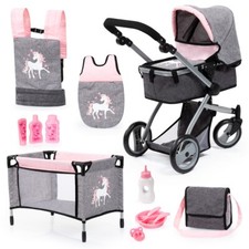 Bayer Design Puppen Spielzeug Mega Set, Puppenwagen, Reisebett, Zubehör rosa
