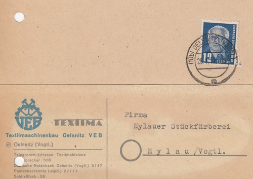 Oelsnitz postcard 1952 veb - oelsnitz,,