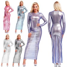 DE Damen Maxikleid Transparent Metallisch Kleid Langarm Slim Kleid Strand Party