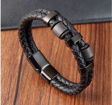 Armband Schwarz Echtleder Edelstahl Magnetverschluss Männer Herren Lederarmband