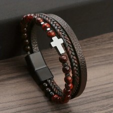 Herrenarmband Armband Kreuz Pu Leder geflochten braun-schwarz Tigerauge dunkel