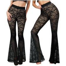 Damen Spitze Flared Gothic Punk Schlaghose Transparente Ausgestellte Weite Hose