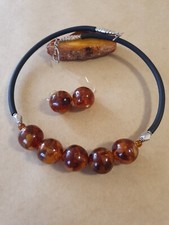 Bernstein Set: Kette & Ohrringe  Steine D 2 cm 925 Silber Kette 48cm  Kautschuk 