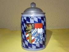 Alter Bierkrug teils emailfarbenes Bayern Wappen & geprägten Rauten Krug  antik