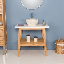 Teakholz Waschtisch TITIN 80 cm mit Marmor Platte creme Badmöbel wohnfreuden