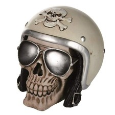 Spardose Totenkopf mit Motoradhelm und Sonnenbrille Skull Deko Sparschwein
