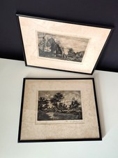 Altes Paar Kupfer Teller Radierung Antik Kunst Wassermühle Bauernhof Landschaft von J. Fontan