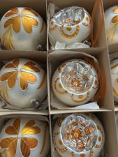 12 alte Lauscha Christbaum Kugeln  Weiß Goldorange Gelatine Malerei Reflexe 9cm