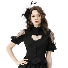 DARK IN LOVE Heart Of Gold Top Gothic Bluse Schwarz Herz-Ausschnitt Krepp Tüll