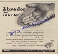 WUPPERTAL, Werbung 1937, Luhns Seifen-Glycerin-Fabriken ABRADOR Seife