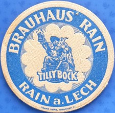 Alter Bierdeckel Brauhaus Rain a. Lech Tilly Bock um 1952 mit Impressum
