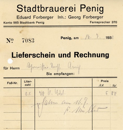 Rechnung stadtbrauerei penig - rechnung,
