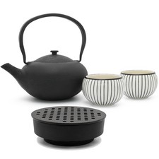 Tee Set Gusseisen Asia Teekanne 1.0 Liter mit 2 Porzellan-Teebecher & Teewärmer