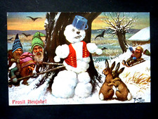 AK ARTHUR THIELE Neujahr, Zwerge mit Schneemann, erstaunte Hasen