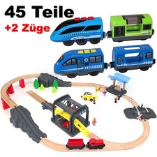 Holz Eisenbahn Set Kinder Zug Lok Schienen Zubehör Bahn Werkstatt 2x Schnellzug