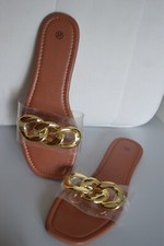 Damen Schuhe Sandalen Slipper Pantolette Sommer  Kette gold transparent Braun 37