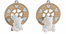 2x Anhänger Gips Holz Basteln Deko Teddy Baby Geschenk Geburt Junge Hellblau