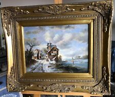 Ölgemälde WINTERLANDSCHAFT Menschen am Fluss  handgemalt in Öl auf Holz signiert