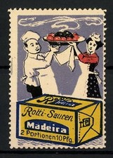 Reklamemarke Rotti-Saucen Madeira, Koch und Kellnerin, Saucenschachtel 