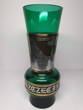 Schöne alte Blumenvase Glas Grün Metallband Souvenir Stettin 22cm hoch