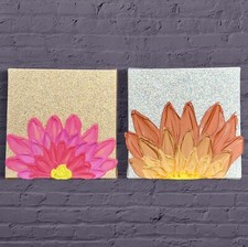 Acrylbilder 2er Set Gemälde 3D  Blumen Malerei handgemalt für Kinderzimmer