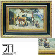 Gemälde Aquarell Bild Hufschmied Pferde Landschaft Tracht Lederhose