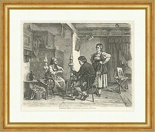 Der Maler auf der Studienreise Holzstich Spinnrad Kachelofen Mann E 0988 Gerahmt