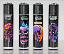 4x Clipper " Skulls 21 " Feuerzeug bunt, Reibradfeuerzeuge Clipper, Neuheit