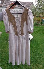 Leinen Trachtenkleid/Landhausstil, Gr.42 hellbeige, mit Ledereinsatz
