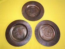 3 x DDR Wandteller Blechteller Motiv geprägt Eule Eichhörnchen Fisch Ø 21 cm