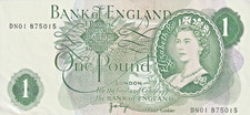 +++ BANK OF ENGLAND + BANKNOTE + QUEEN ELIZABETH +SIEGESZWEIG +ONE POUND +SCHILD