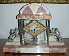  Art-Deco Uhr Pendule  museal Kamin Tisch Uhr Marmor Glas Vogelbronzen F 1930