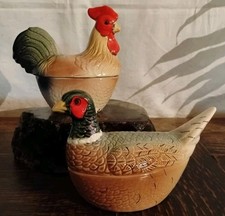 Michel Caugant - Faience Keramik Deckeldosen - Hahn + Fasan Paté Formen France