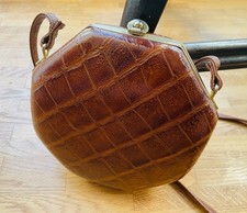 Vintage Leder Tasche Umhängetasche 8-eckig Crossbody braun Kroko Italien boho