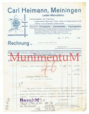 Rechnung Carl Heimann Leder-Manufaktur MEININGEN 1938 Mühlhausen R204
