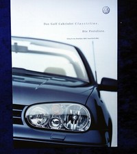 VW Golf Cabrio Classicline Preisliste 02.07.2001      Modelljahr 2002