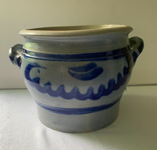 Steinguttopf Keramik Topf grau blau Ø 18 cm  14 cm hoch bemalt Salzlasur