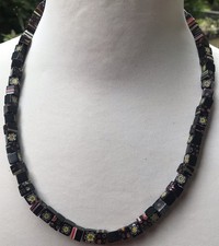 Kette Millefioriperlen Millefiori Perlen eckig Schwarz Blumen Glasperlenkette