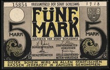 Notgeld Schleswig 1918, 5 Mark, Stadtansicht mit Sonnenschein und Segelboot, Wa 