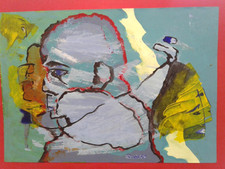 Unikat-Kunst,Acryl-Malerei a.Papier,sig.+dat.,Gruppe m.Frau,ungerahmt