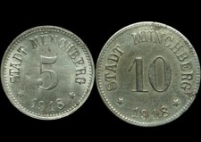 NOTGELD: 5 & 10 Pfennig 1918, Eisen. STADT MÜNCHBERG / BAYERN.