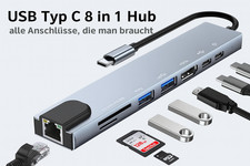 USB-C Hub 8-IN-1 Adapter 4K HDMI USB 3.0 LAN RJ45 Ethernet Micro SD Kartenleser