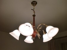 Fünfarmige Deckenleuchte, Muranoglasschirme mit Musterring, gebraucht