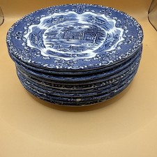 W.H. Grindley Staffordshire Set of 10STK English Country Inns Blue Dinner Plates