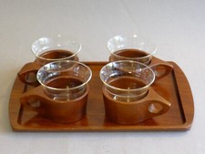 60er Vintage  4 Teegläser Teakholz-Halterung organische Form skandinavisch