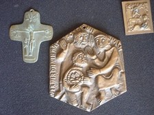 Relief Kreuz Haussegen Bronze 3-teilig Abendmahl Kruzifix Jesus Jünger Flucht